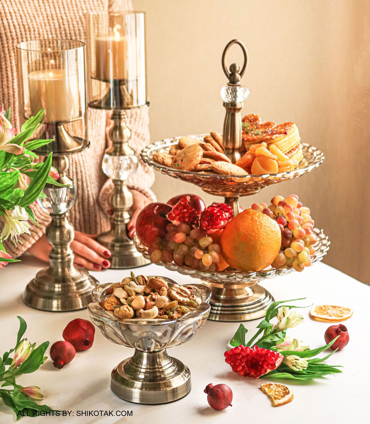 ست جاشمعی و ظروف یلدایی پایه برنزی الماس