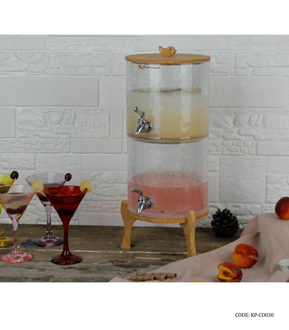 کلمن آب شیشه ای پایه چوبی دو طبقه مدل الماس