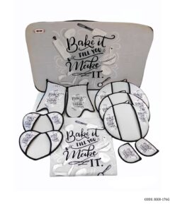 سرویس آشپزخانه پارچه ای 11 پارچه مدل BAKE IT TILL YOU MAKE IT طوسی