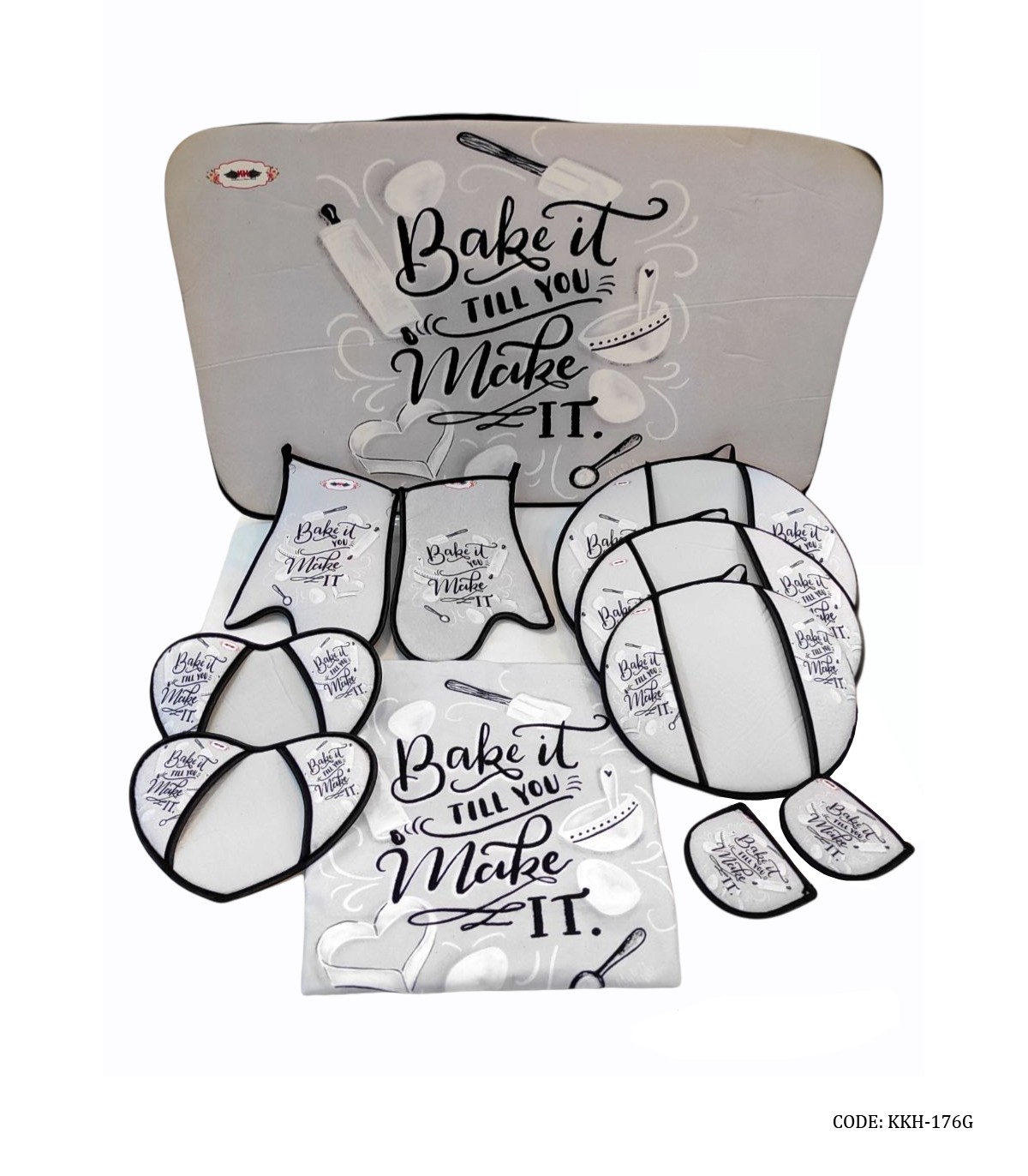 سرویس آشپزخانه پارچه ای 11 پارچه مدل BAKE IT TILL YOU MAKE IT طوسی