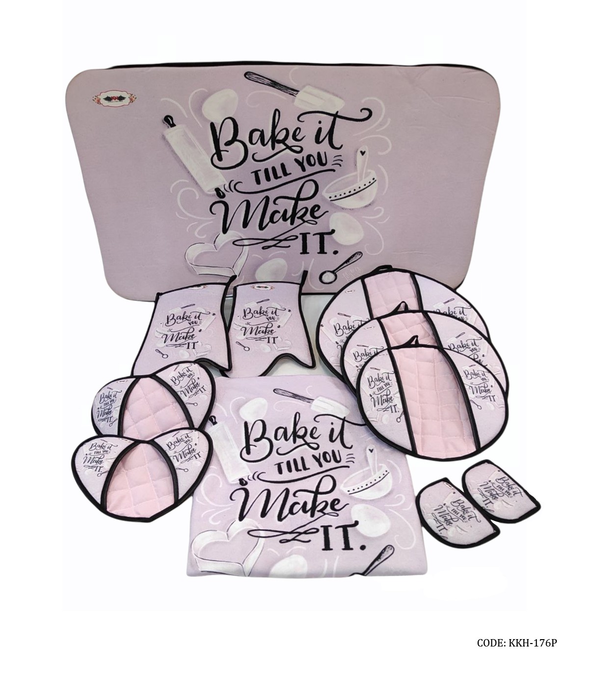 سرویس آشپزخانه پارچه ای 11 پارچه مدل BAKE IT TILL YOU MAKE IT صورتی