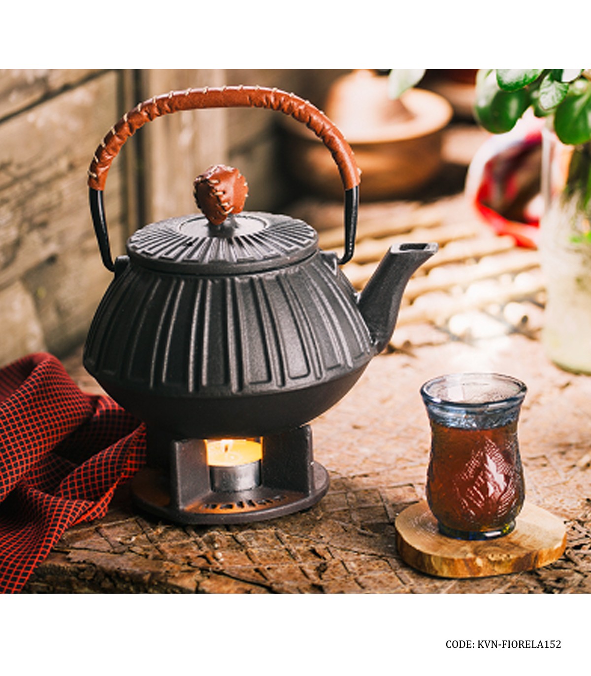 قوری چدنی با پایه و شمع مدل FIORELA