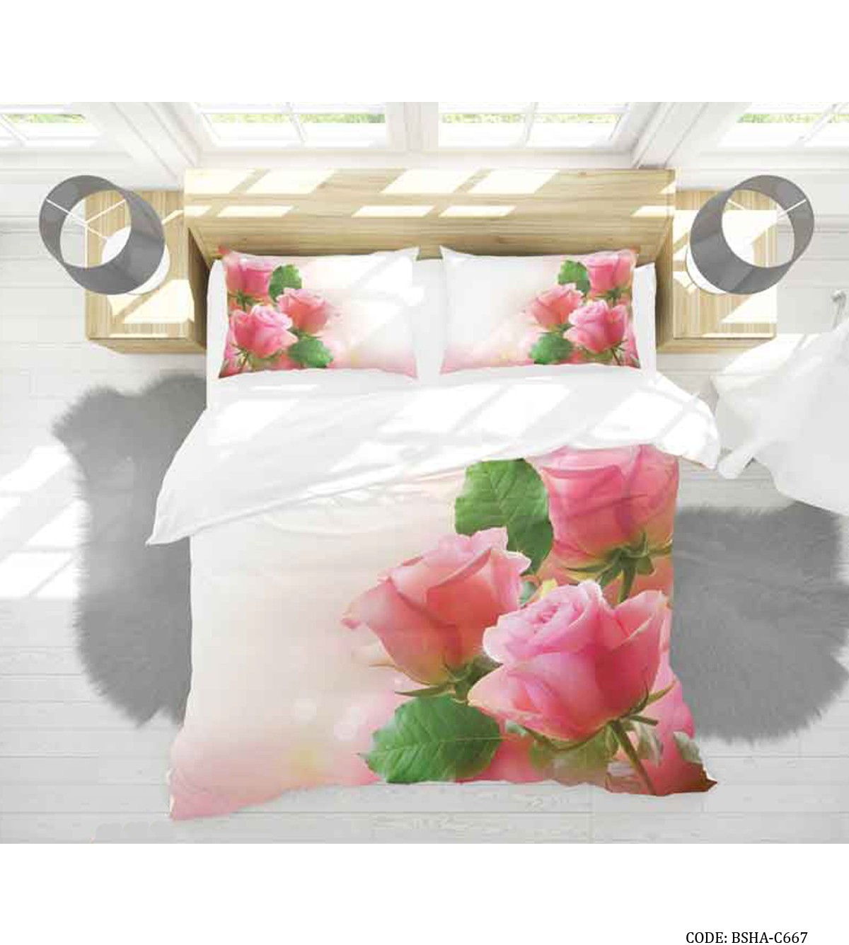 ست روتختی و ملحفه کشدار سه بعدی دو نفره مدل رز صورتی