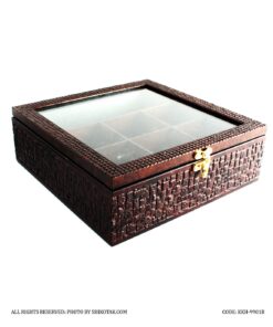 جعبه تی بگ هفت خانه چوبی قهوه ای طرحدار