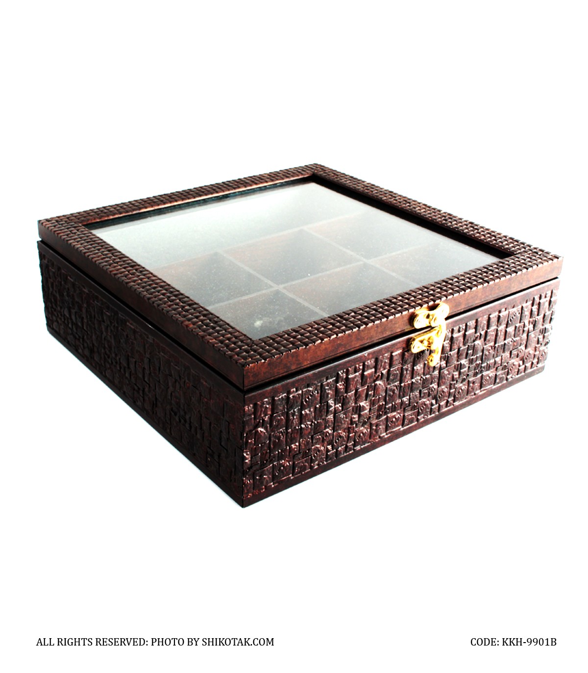 جعبه تی بگ هفت خانه چوبی قهوه ای طرحدار