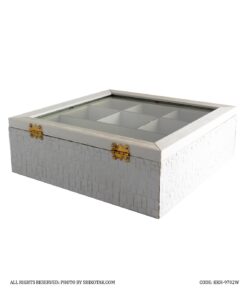 جعبه تی بگ سفید طرحدار هفت خانه چوبی