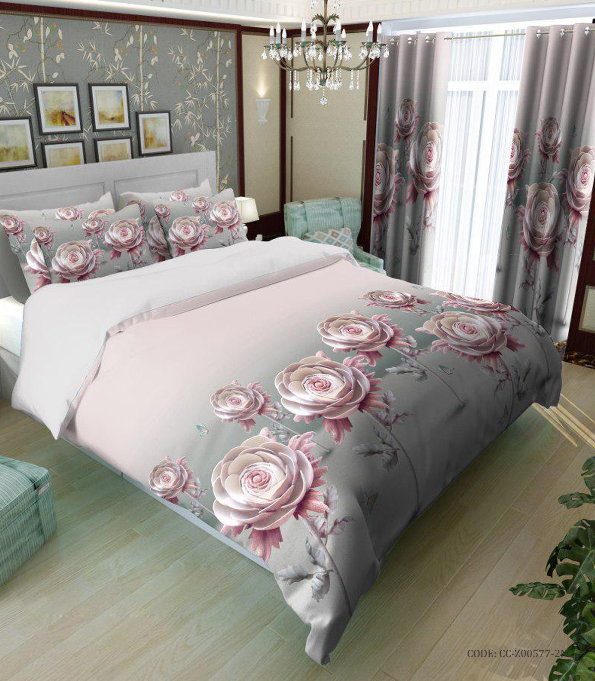 ست روتختی و لحاف دوختدار دو نفره طرح رز صورتی