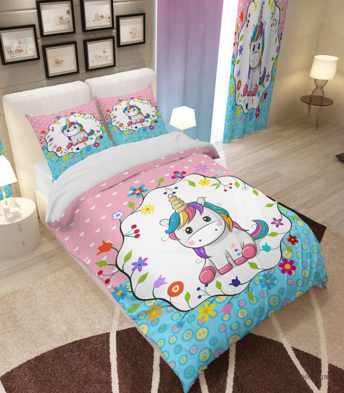 سرویس روتختی و ملحفه کشدار دخترانه یک نفره مدل تک شاخ