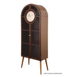 ویترین کتابخانه چوبی ساعت دار قهوه ای با درب شیشه ای مدل WOODLYN
