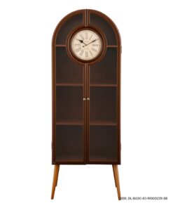 ویترین کتابخانه چوبی ساعت دار قهوه ای با درب شیشه ای مدل WOODLYN