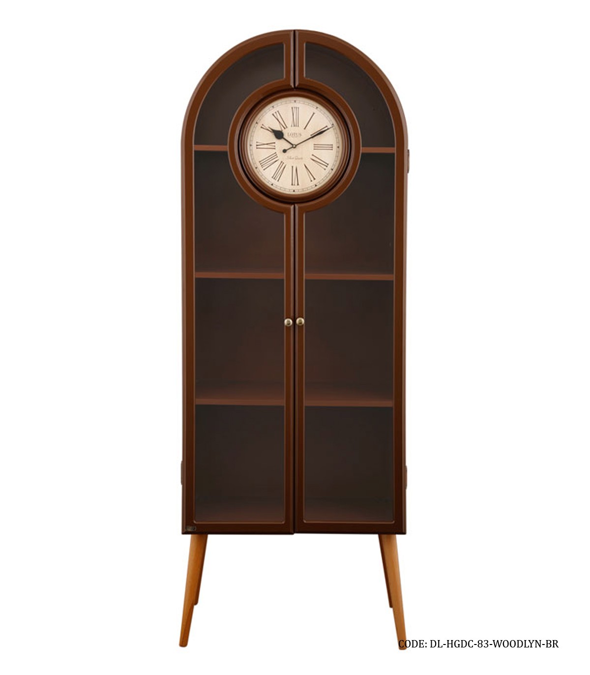 ویترین کتابخانه چوبی ساعت دار قهوه ای با درب شیشه ای مدل WOODLYN