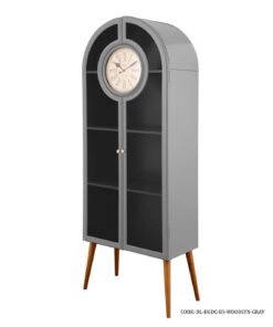 کتابخانه چوبی طوسی ساعت دار با درب شیشه ای مدل WOODLYN