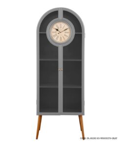 کتابخانه چوبی طوسی ساعت دار با درب شیشه ای مدل WOODLYN