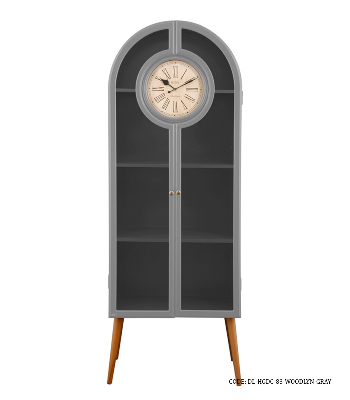 کتابخانه چوبی طوسی ساعت دار با درب شیشه ای مدل WOODLYN