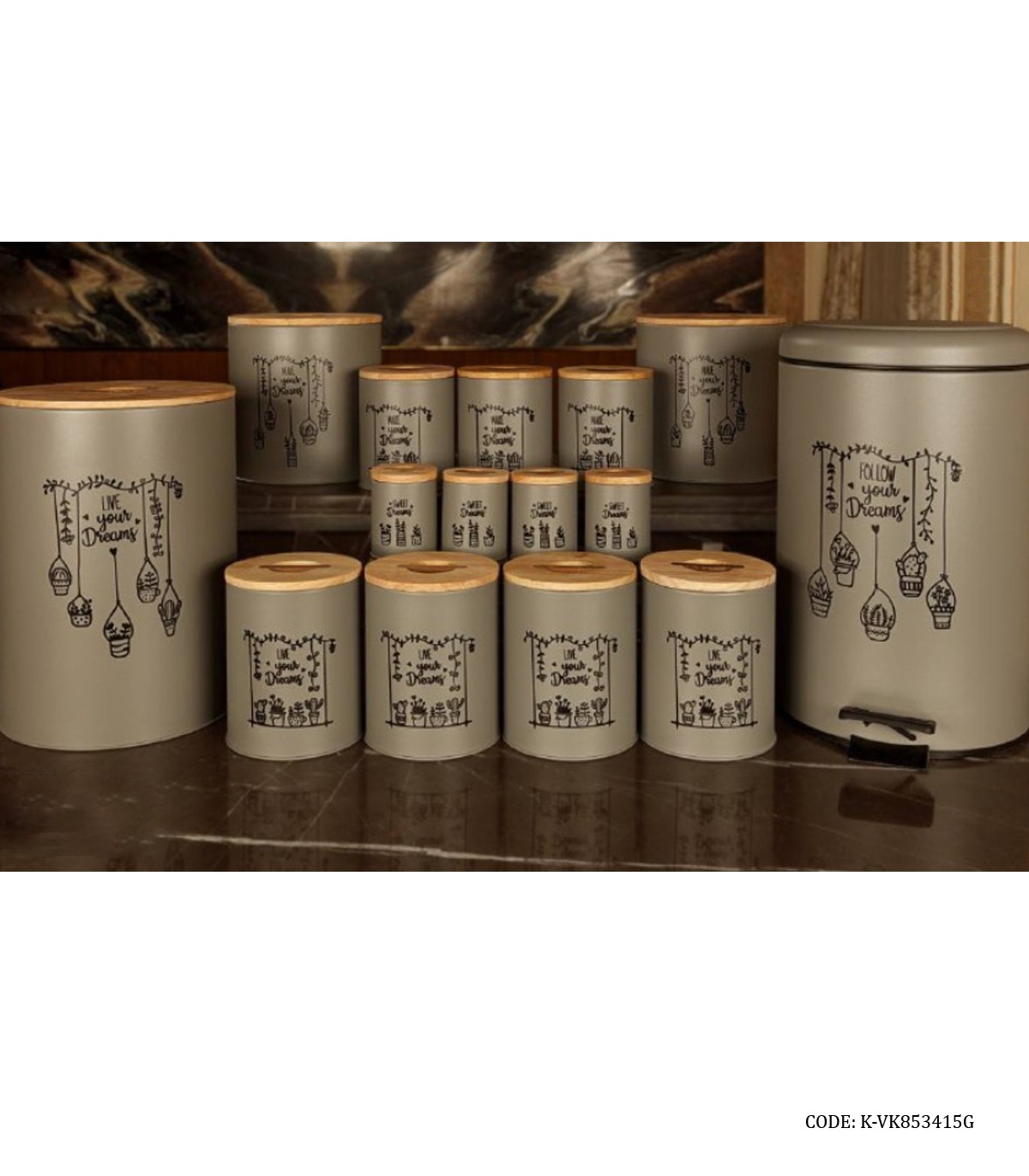 سرویس سطل برنج طوسی درب چوبی 30 تکه طوسی مدل DREAM