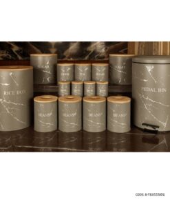 سرویس سطل برنج و قند و شکر درب چوبی 30 تکه طوسی مدل MARBLE
