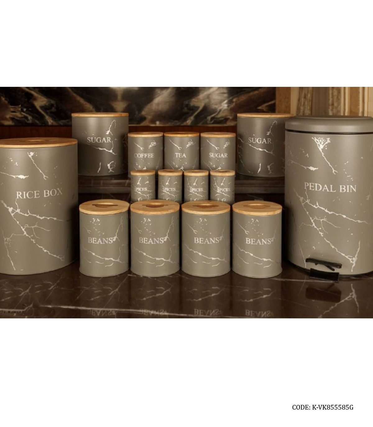 سرویس سطل برنج و قند و شکر درب چوبی 30 تکه طوسی مدل MARBLE