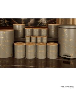 سرویس سطل برنج و قند و شکر درب چوبی 30 تکه طوسی طلایی مدل MARBLE