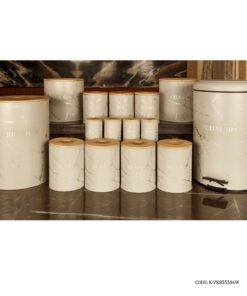 سرویس سطل برنج و قند و شکر درب چوبی 30 تکه سفید مدل MARBLE