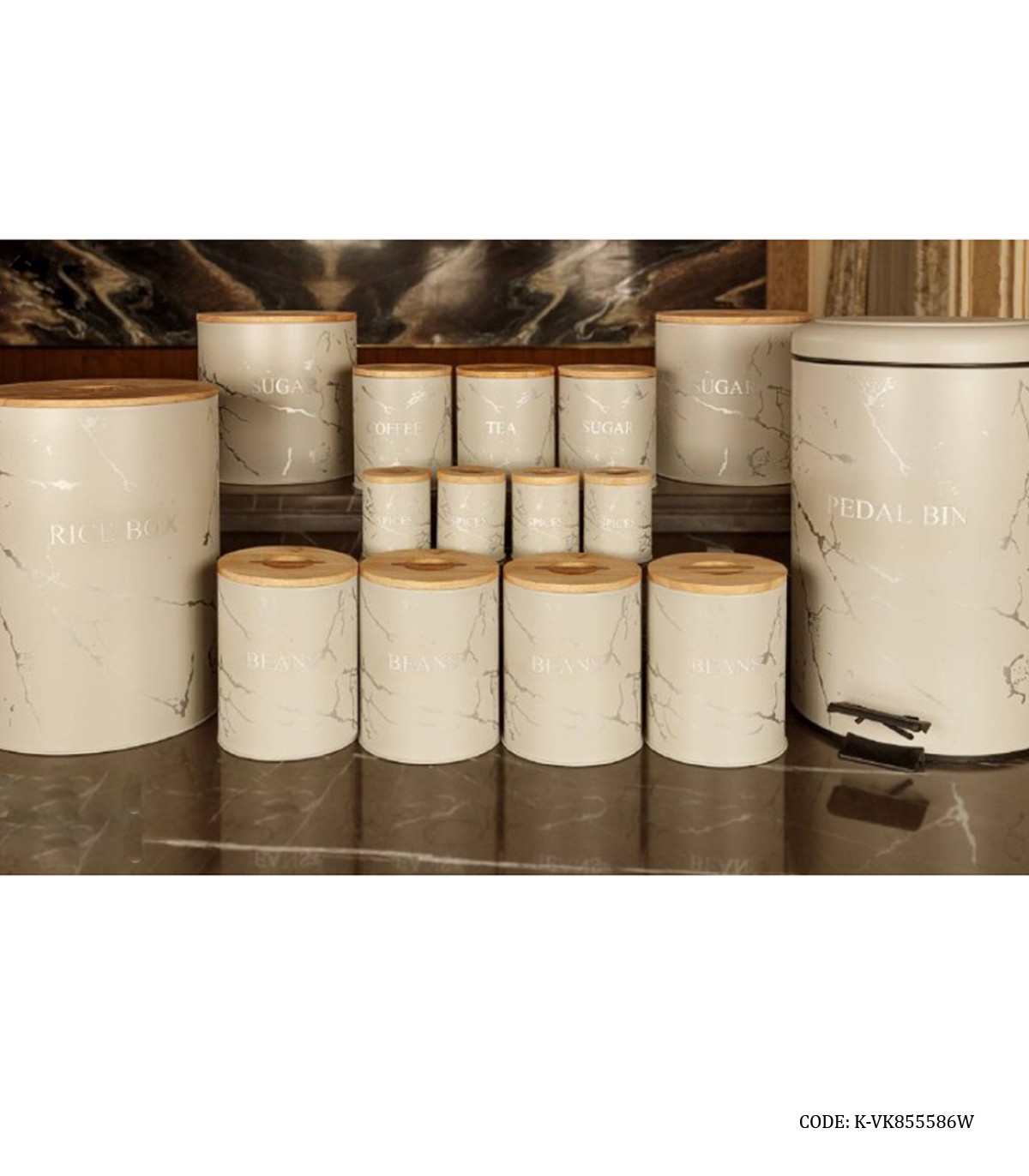 سرویس سطل برنج و قند و شکر درب چوبی 30 تکه سفید مدل MARBLE