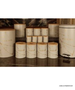 سرویس سطل برنج و قند و شکر درب چوبی 30 تکه سفید طلایی مدل MARBLE