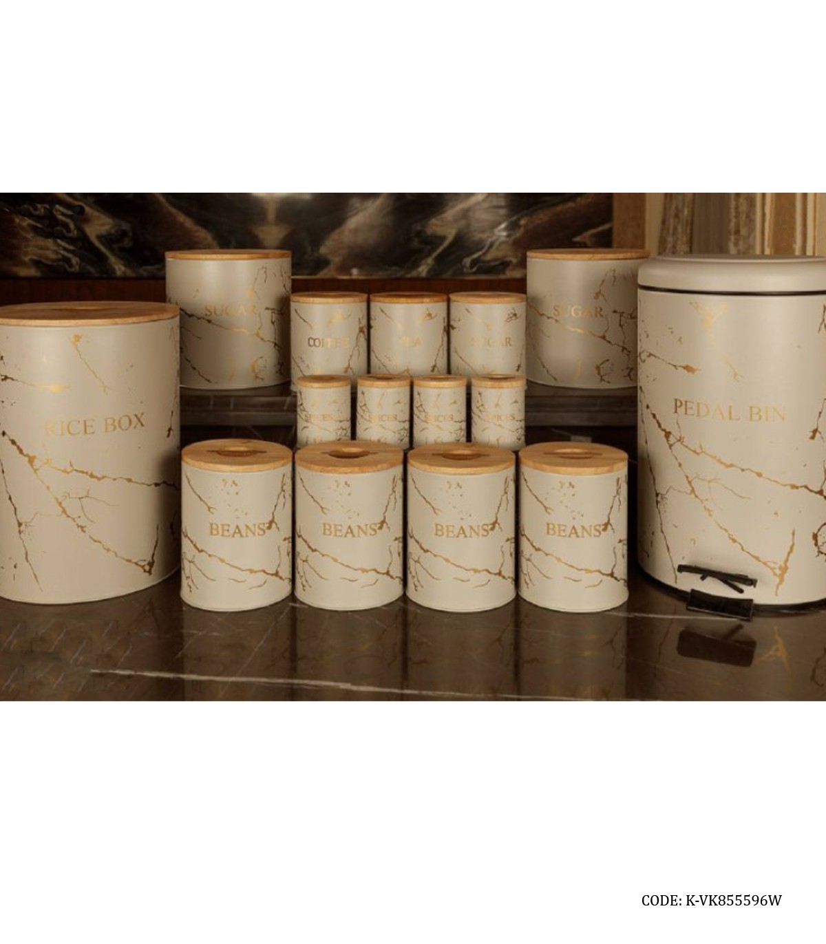 سرویس سطل برنج و قند و شکر درب چوبی 30 تکه سفید طلایی مدل MARBLE