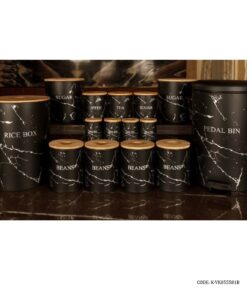 سرویس سطل برنج و قند و شکر درب چوبی 30 تکه مشکی مدل MARBLE