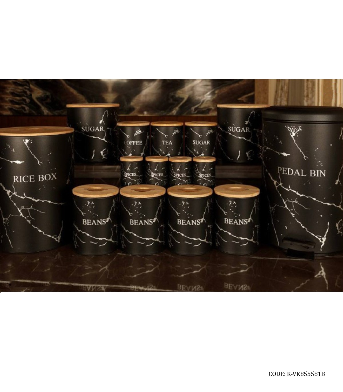سرویس سطل برنج و قند و شکر درب چوبی 30 تکه مشکی مدل MARBLE