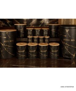 سرویس سطل برنج و قند و شکر درب چوبی 30 تکه مشکی طلایی مدل MARBLE