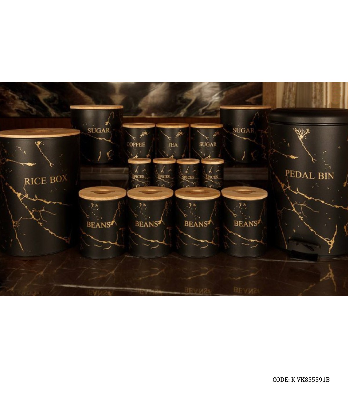 سرویس سطل برنج و قند و شکر درب چوبی 30 تکه مشکی طلایی مدل MARBLE