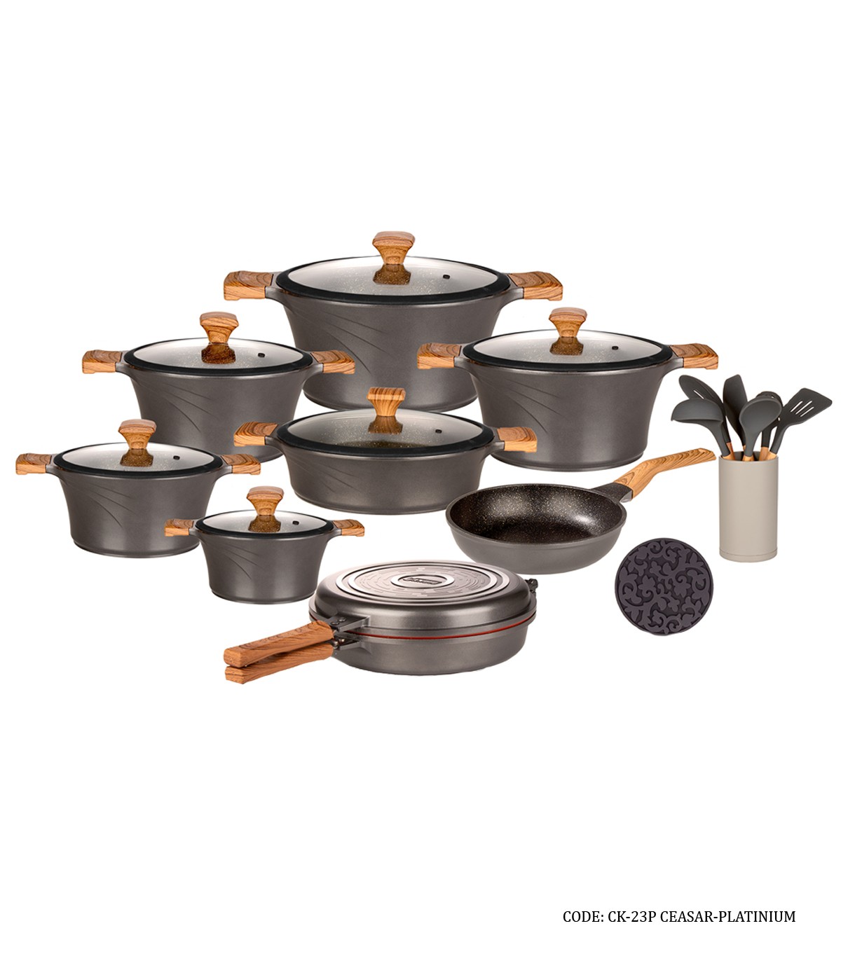 سرویس قابلمه گرانیتی 23 پارچه کاندید مدل سزار رنگ پلاتینیوم