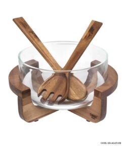 کاسه سالادخوری پایه چوبی با قاشق و چنگال چوبی