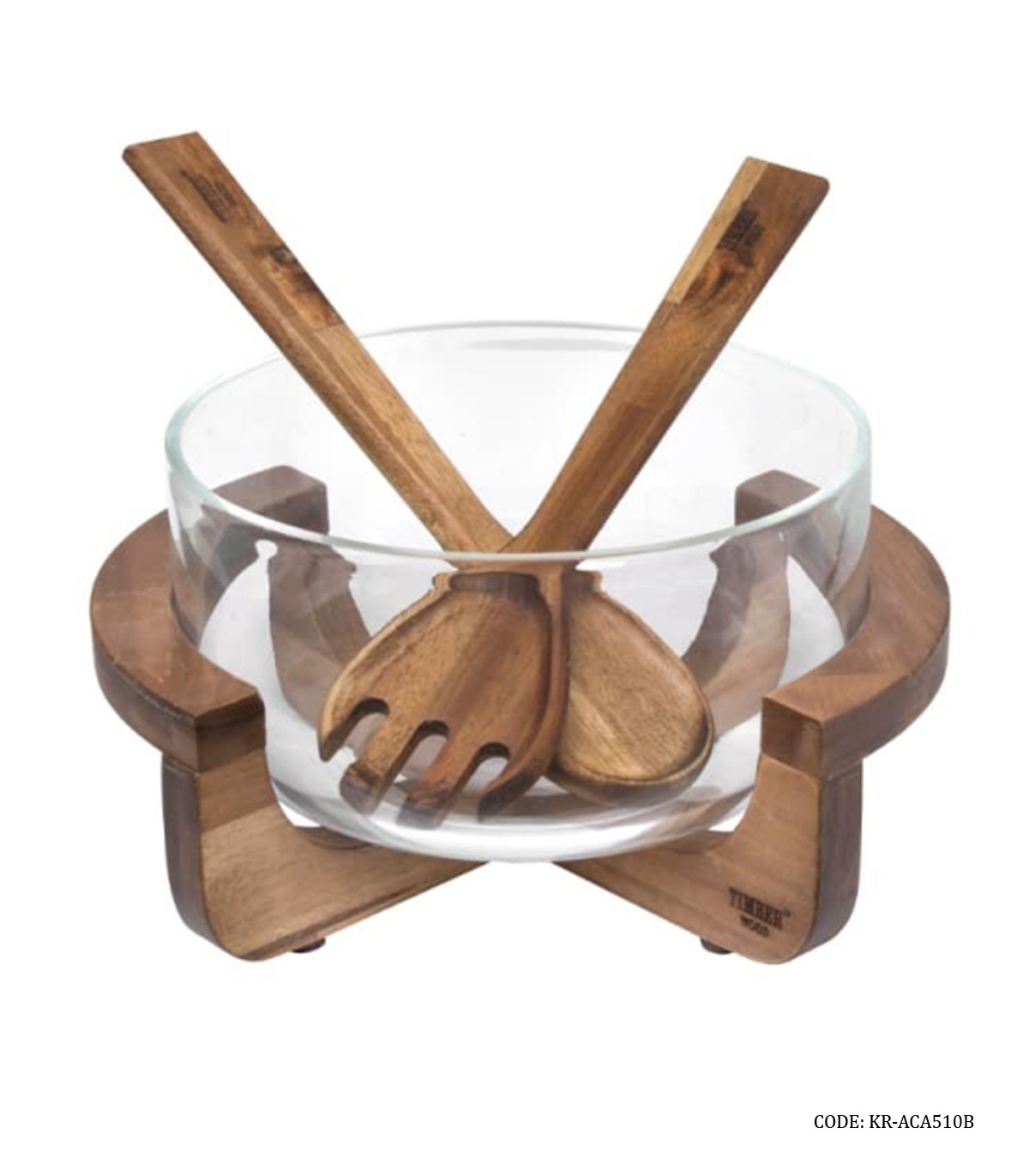 کاسه سالادخوری پایه چوبی با قاشق و چنگال چوبی