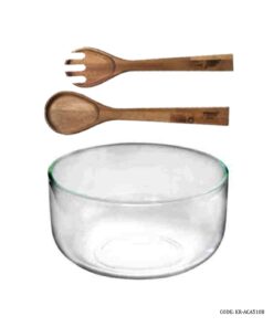 کاسه سالادخوری پایه چوبی با قاشق و چنگال چوبی