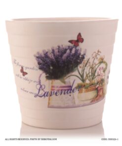 گلدان گل طبیعی سفالی طرح پروانه و گل لوندر