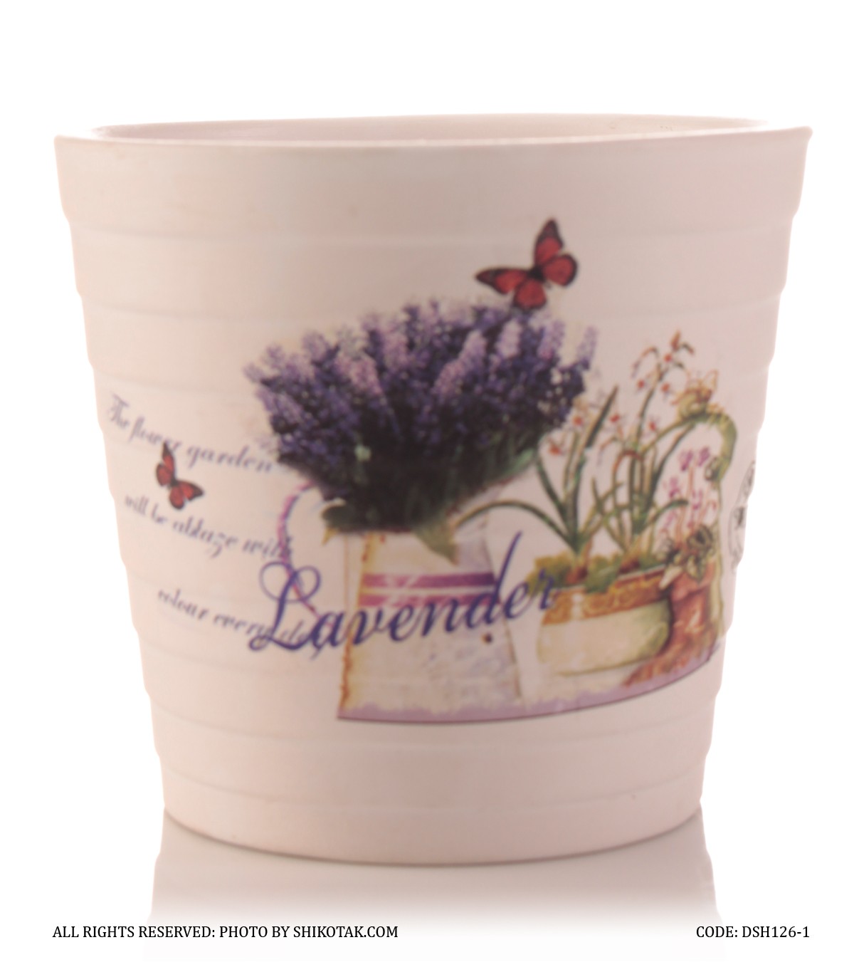 گلدان گل طبیعی سفالی طرح پروانه و گل لوندر