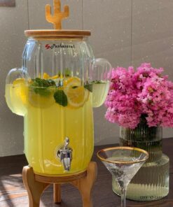 کلمن استوانه ای شیشه ای با پایه چوبی 3.5 لیتری طرح کاکتوس