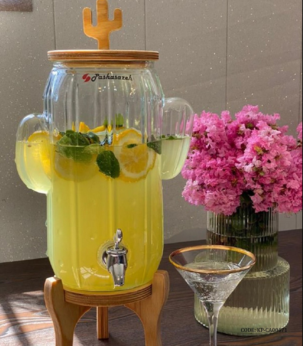 کلمن استوانه ای شیشه ای با پایه چوبی 3.5 لیتری طرح کاکتوس