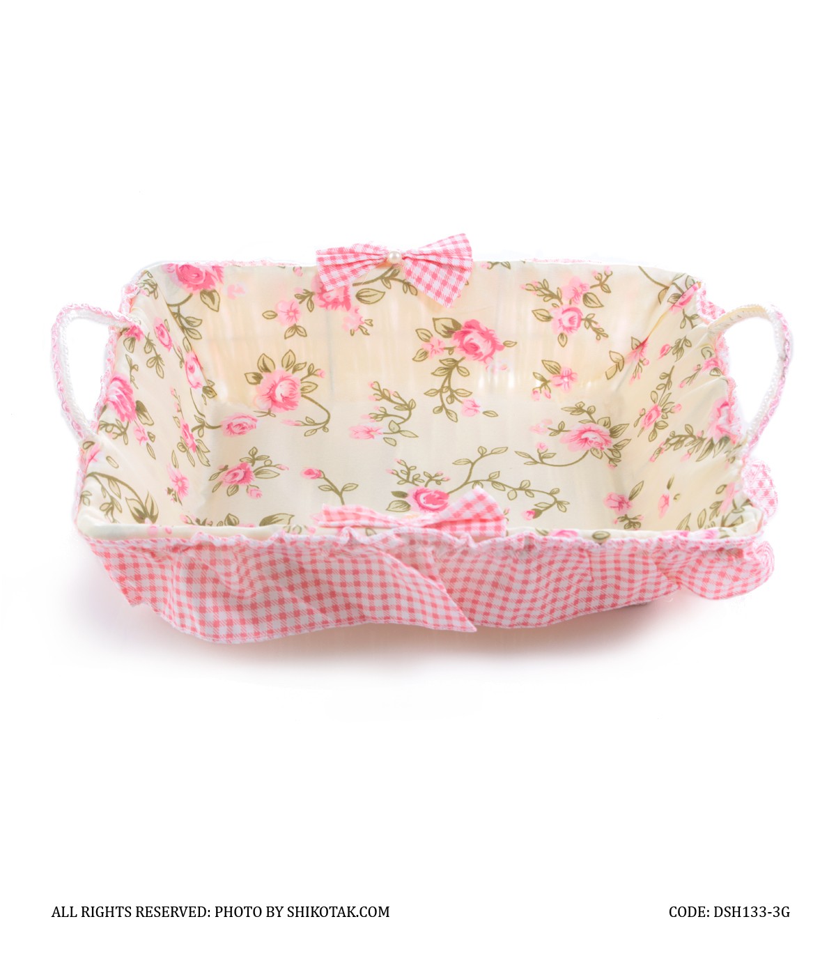 سبد نان حصیری با کاور پارچه ای مستطیل شکل طرح بوته رز