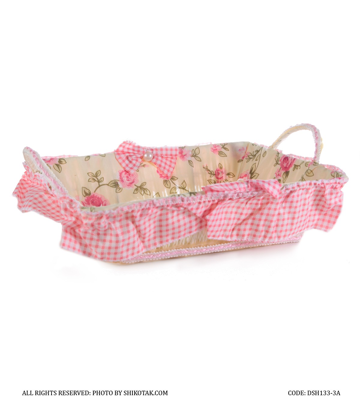 سبد نان حصیری با کاور پارچه ای مستطیل شکل طرح بوته رز