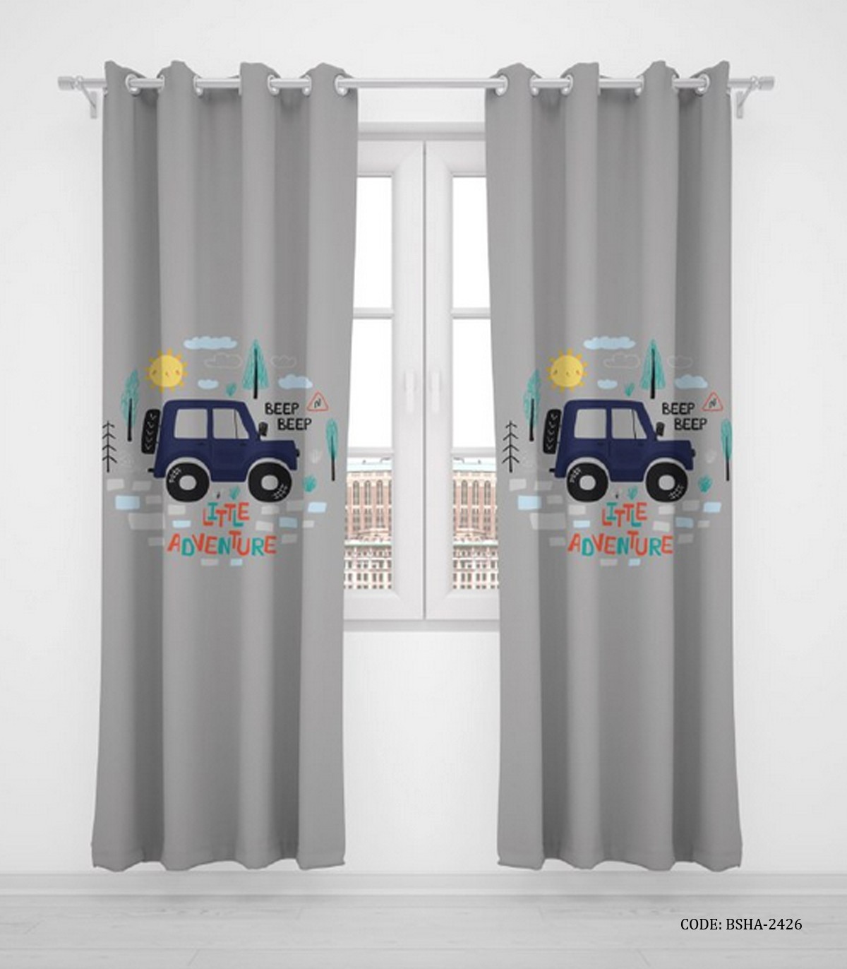 پرده پانچی اتاق کودک پسرانه طرح ماشین دو تکه مدل Little Adventure