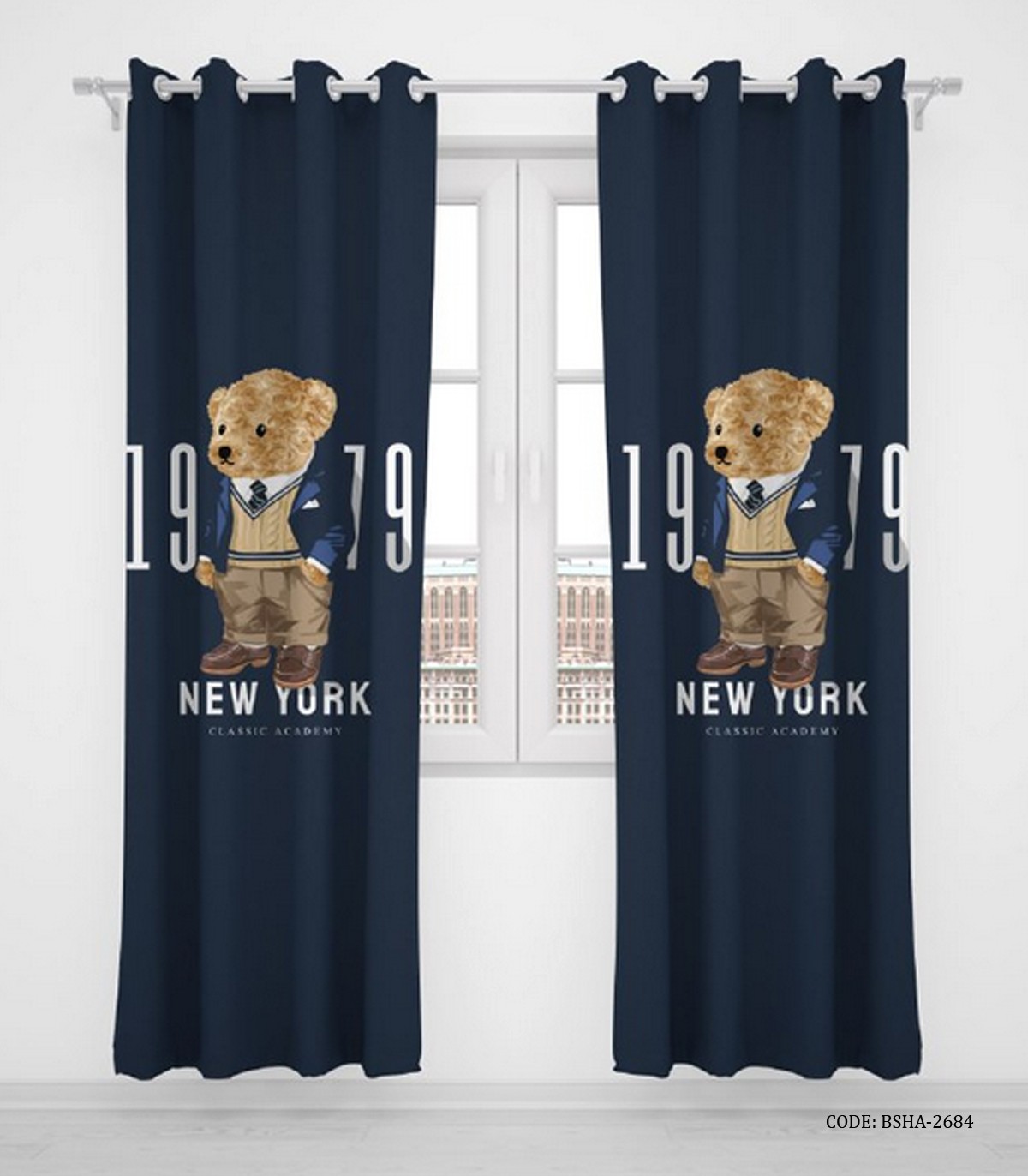 پرده پانچی اتاق کودک پسر دو تکه مدل خرس پولو