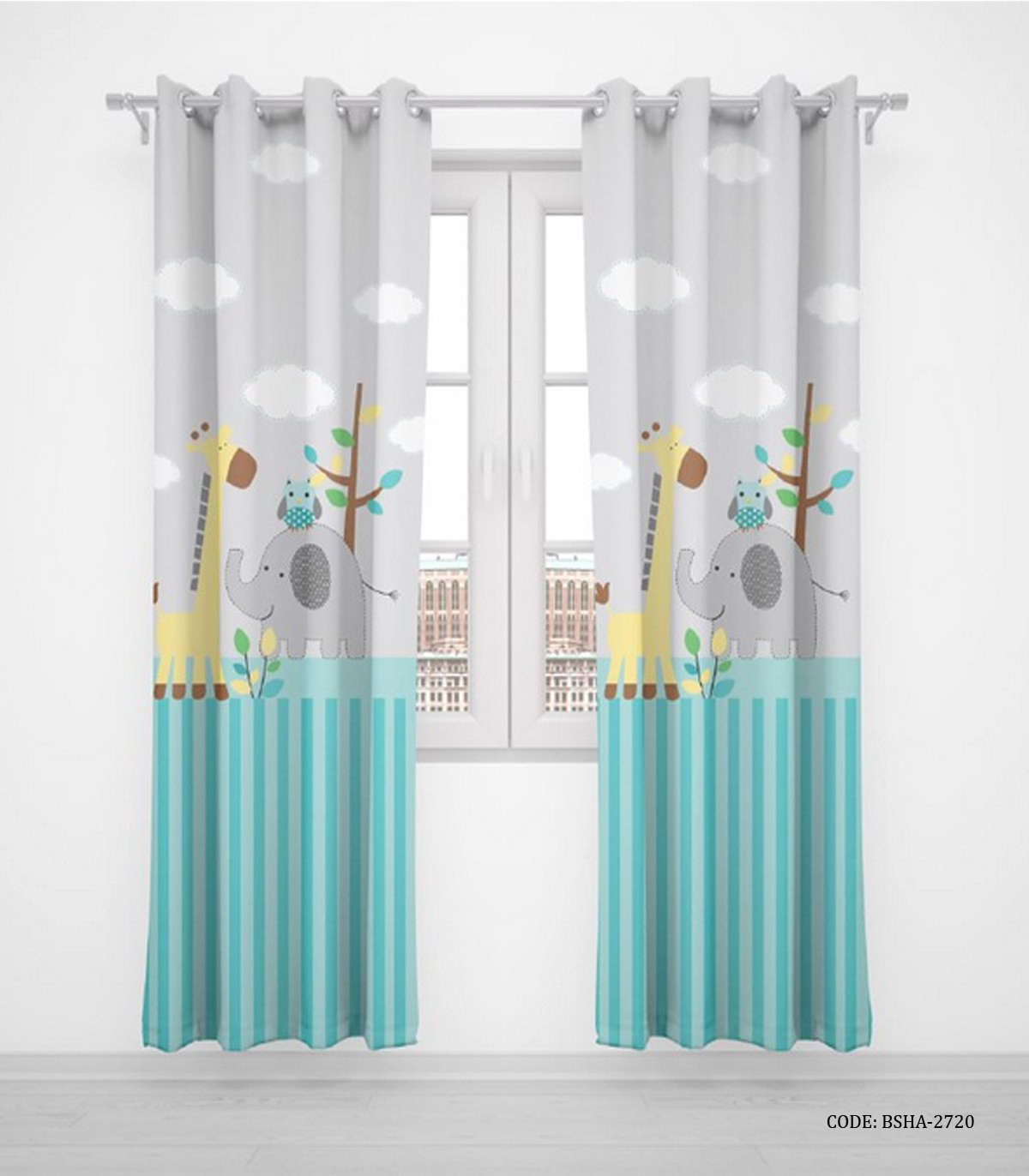 پرده پانچی پسرانه دو تکه با طرح کودکانه مدل فیل و زرافه