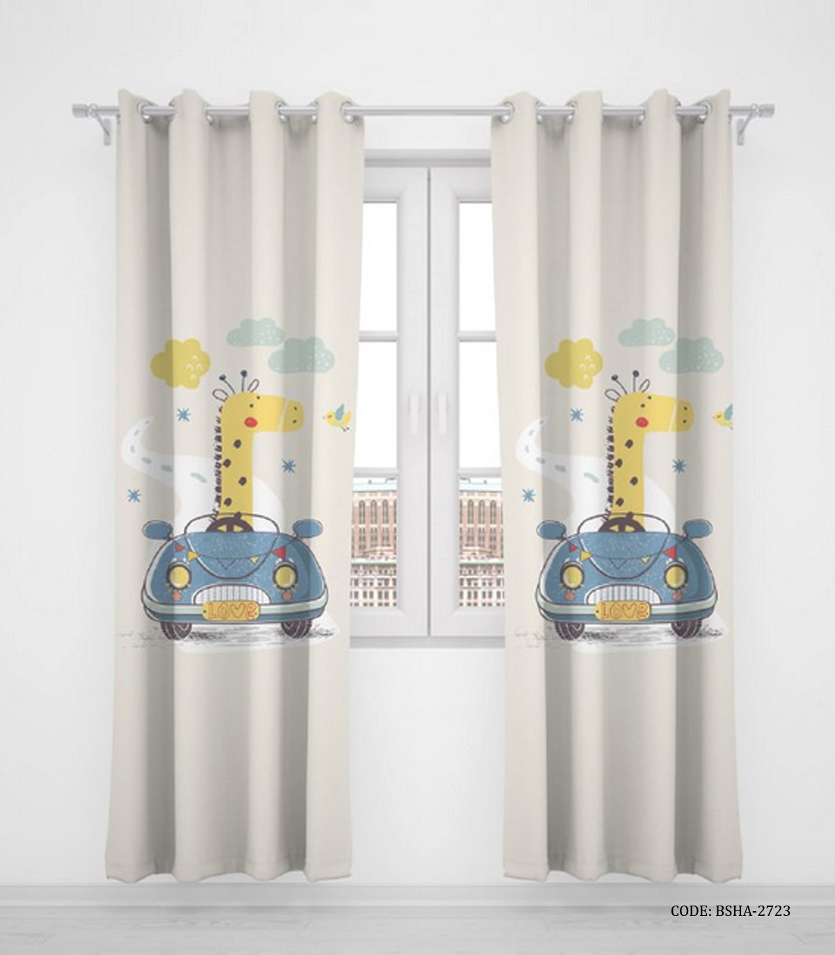 پرده پانچی کودکانه دخترانه و پسرانه دو تکه مدل Cute Giraffe