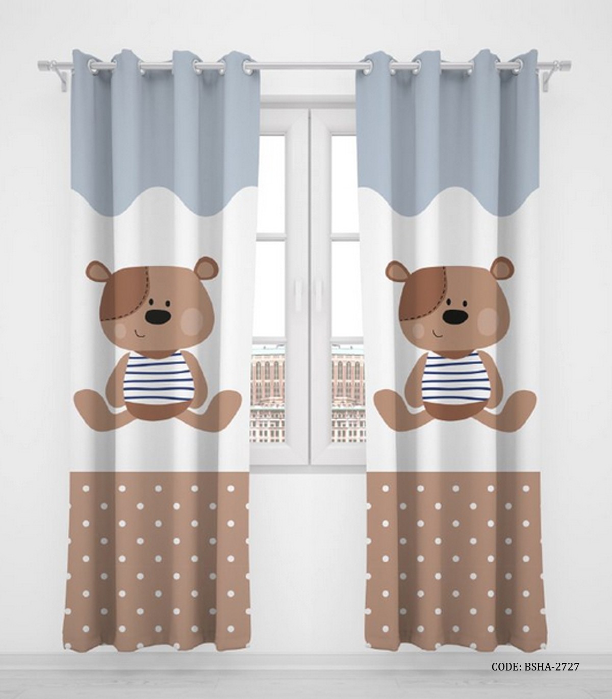 پرده پانچی اتاق کودک پسر دو تکه طرح خرس مدل Little Bear