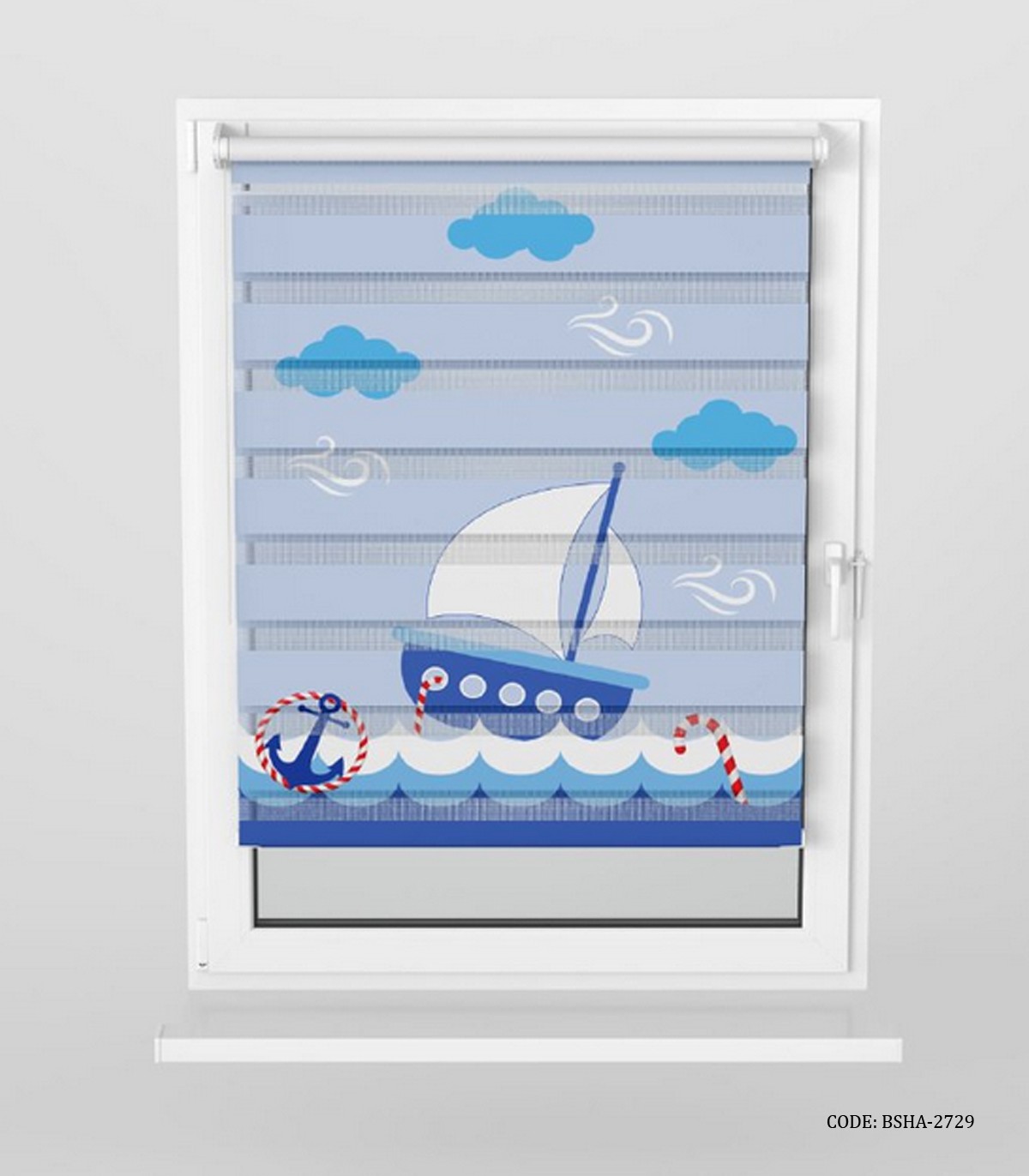 پرده زبرا اتاق کودک پسر طرح قایق و لنگر مدل Blue Boat