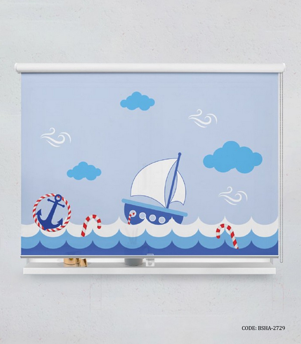 پرده شید اتاق کودک پسر طرح قایق و لنگر مدل Blue Boat