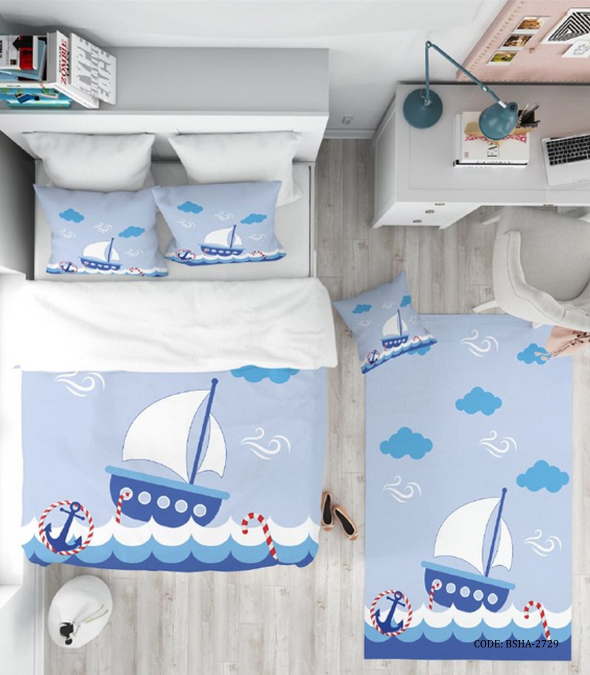 روتختی اتاق کودک پسر 4 تکه طرح قایق و لنگر مدل Blue Boat