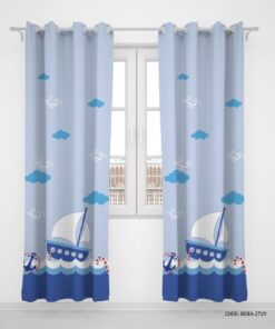 پرده پانچی اتاق کودک پسر دو تکه طرح قایق و لنگر مدل Blue Boat