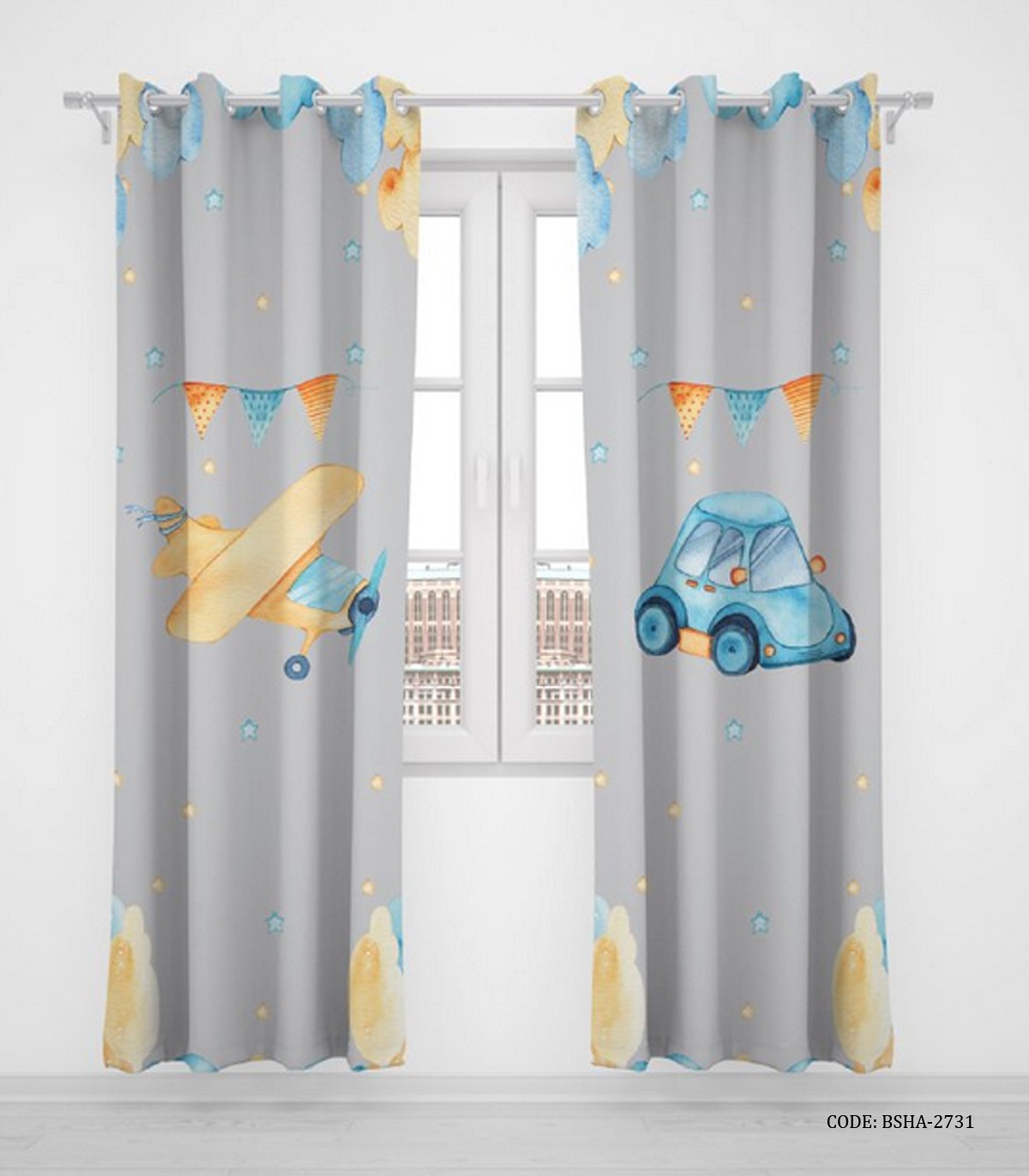 پرده پانچی اتاق کودک پسرانه دو تکه طرح ماشین مدل Blue Car